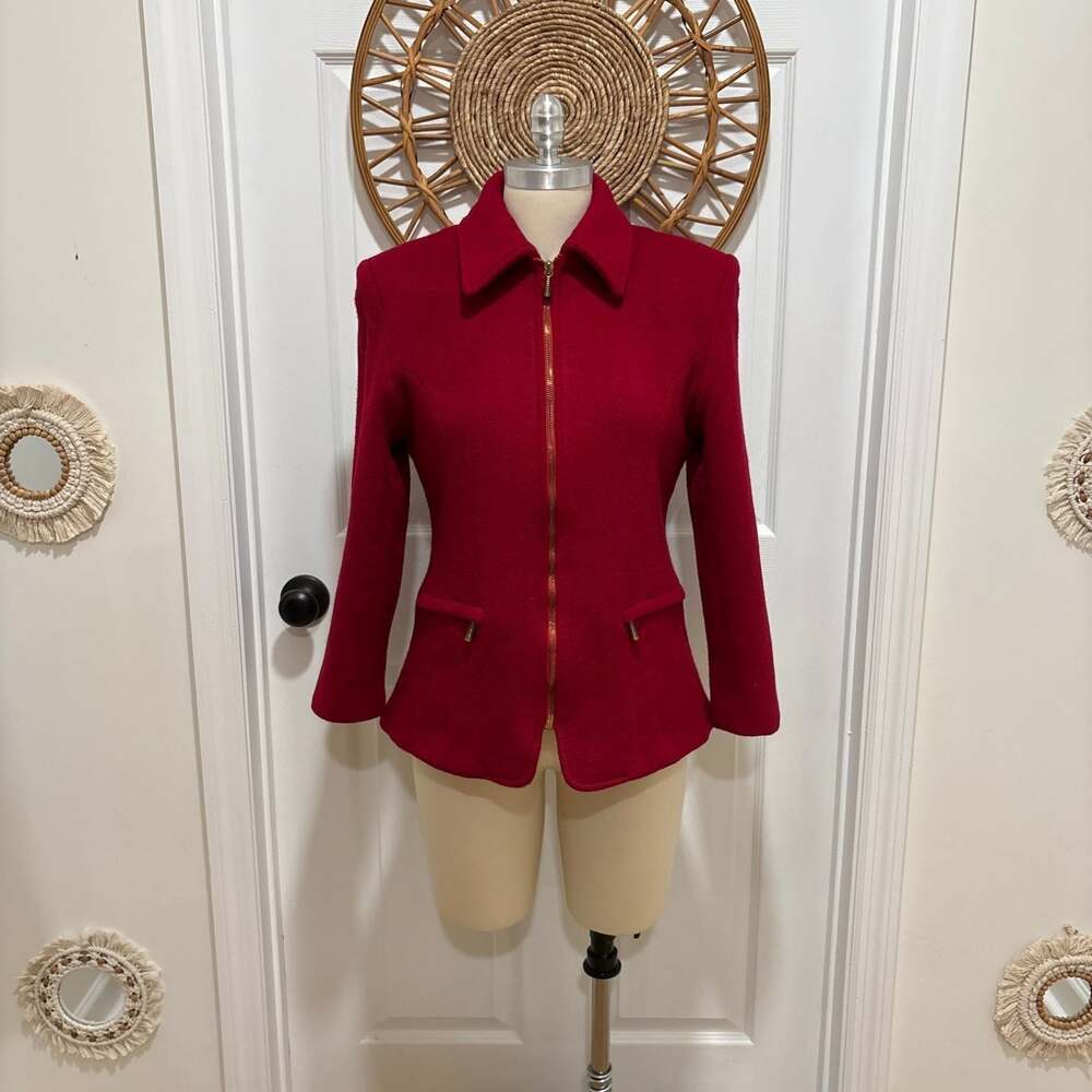 Vintage J. Hilary Red Zip Front Wool Blend Blazer Jacket Made in USA Size 8